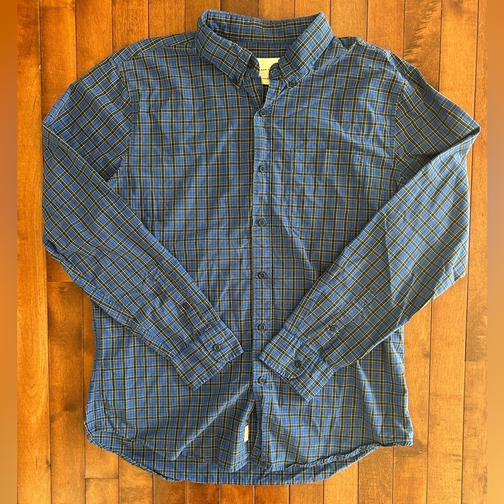 American Eagle Men’s Classic Fit Blue&Yellow Check Button Down Shirt Size Large